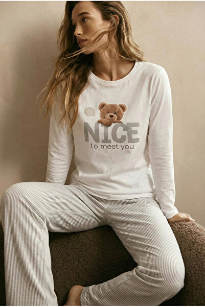 FEMELLE White Teddy Bear Patterned Pajama Set