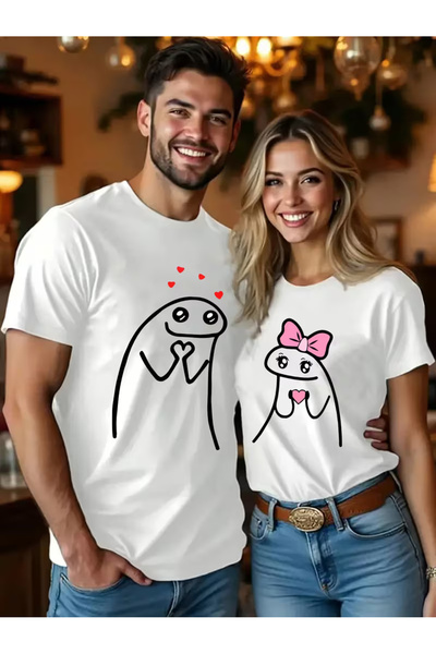 Nilvor Unisex Romantic Double Line Front Printed Lover Couple Combination Des...