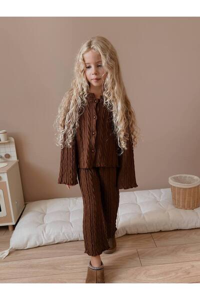 le petit sole Kahverengi Kız Çocuk Düğmeli Triko Takım