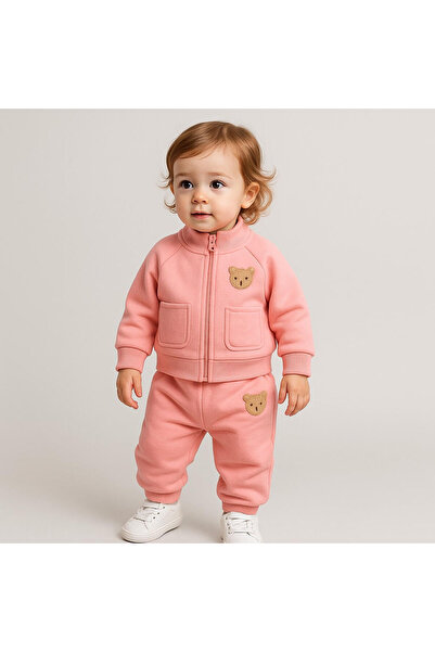 kizu Pink Cotton Tracksuit for Girls with Teddy Bear