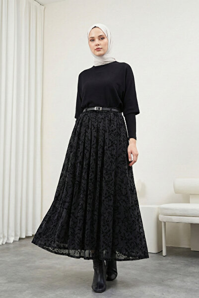 MODAQU Embossed Pattern Belted Lined Organza Skirt - Black