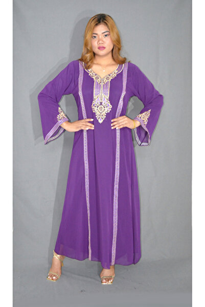 Zainah Embroidered Chiffon Kaftan Jalabiya - Round Neck Long Sleeve Modest Dr...