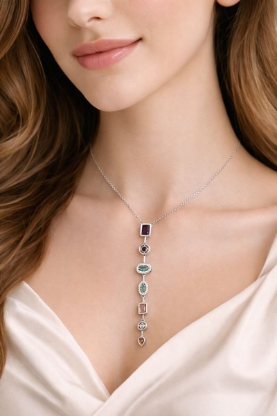 STİL NOKTA Çelik Y Model Kolye Zirkon Mıhlama Renkli Taşlı Kararma Yapmaz