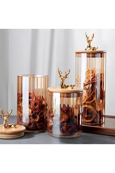 Yıldızan ynsstores (9X15 Cm) 1 Adet Kehribar Renk Geyikli Cam Saklama Kavanoz...