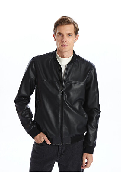 LC Waikiki Black Standard Fit College Collar Men's Leather Look Jacket