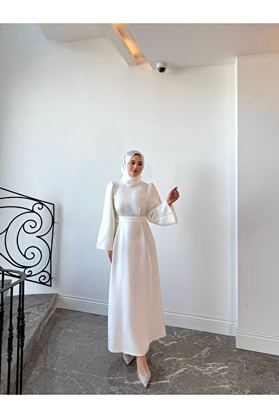 By Atelier ALİSA Γυναικείο Λευκό Μακρύ Φόρεμα σε Γραμμή Α με Ζώνη, Μοντέρνο Β...