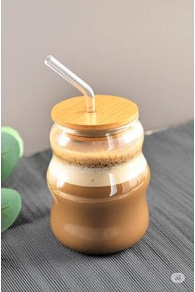 Nacario NrcrioShop بامبو كوب زجاجي بغطاء وقشة 450 مل من البوروسيليكات 1201248