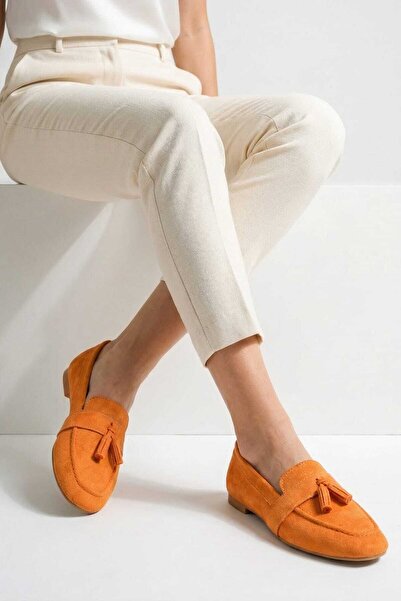 BİR-SEN SHOES maya turuncu süet püsküllü loafer babet