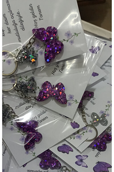 AKÇA SHOPPİNG 15 Adet Epoksi Reçine kelebekli Anahtarlık Doğum günü Düğün Kın...