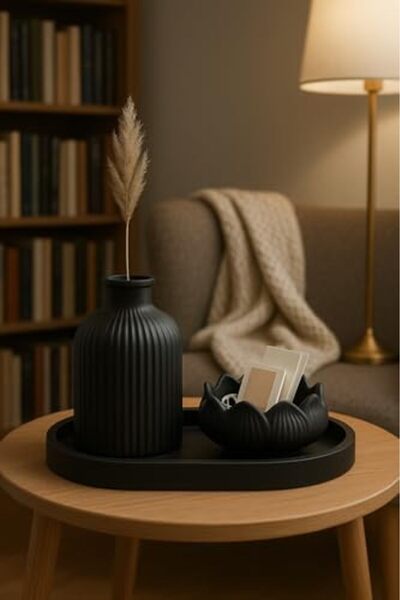 Nacario Nrcrioshop Black Bowl and Striped Vases Set – 3-Piece Handmade Minima...