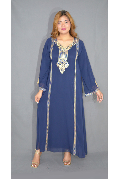 Zainah Embroidered Chiffon Kaftan Jalabiya - Round Neck Long Sleeve Modest Dr...