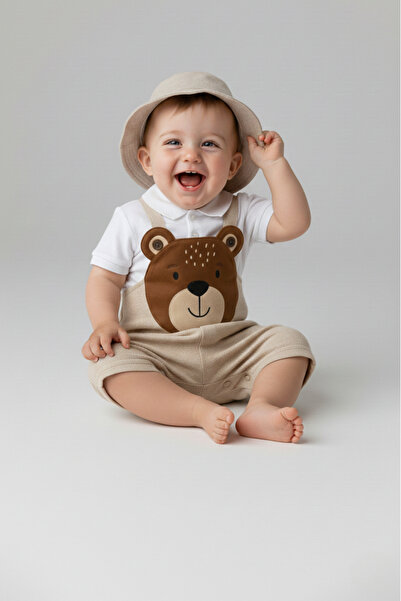 Gebelog Ayıcık Figürlü Keten Dokulu Erkek Bebek Salopet Takım