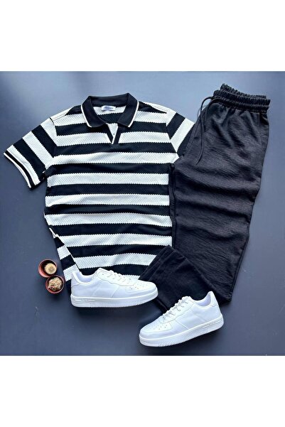 giyimadam16 Men's Honeycomb Fabric T-Shirt Baggy Linen Trousers Set of 2