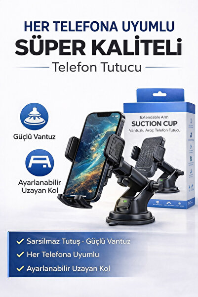 TUROVE Araç İçi Telefon Tutucu Güçlü Vantuzlu Ayarlanabilir Uzayan Kol Tüm Te...