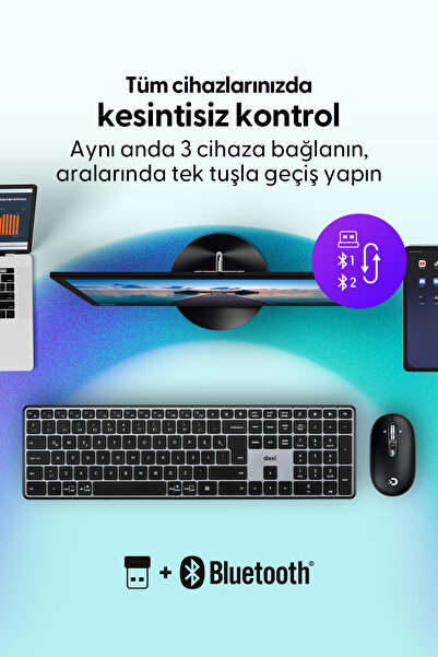 Daxi MK450 Pro Keys Slim Combo Kablosuz Bluetooth Klavye Mouse Seti, Scissor-Switch Klavye, Türkçe Q