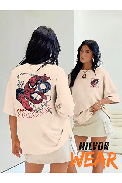 Nilvor Unisex Örümcek Adam Ön ve Sırt Baskılı Özel Tasarım Oversize T-shirt