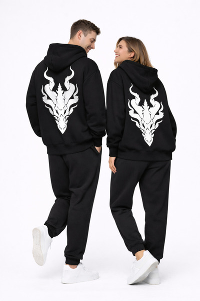 NEVERMIND Unisex Dragon Printed White Lover's Combination Oversize Hoodie Set