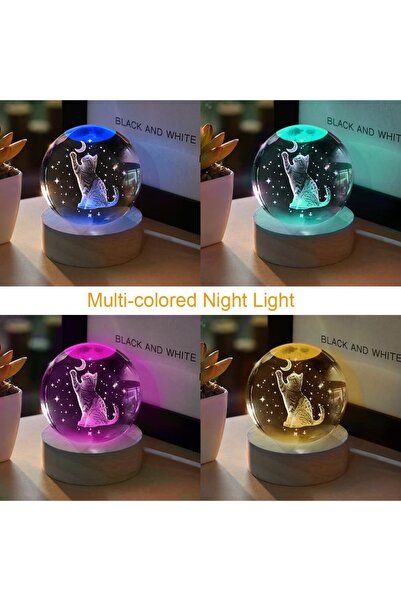 keyfim shop Kişiye Işıklı Ahşap Kaideli Aya Uzanan Kedi Temalı Cam Küre 8*6cm