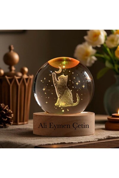 keyfim shop Kişiye Büyük Boy Işıklı Ahşap Kaideli Aya Uzanan Kedi Temalı Cam ...
