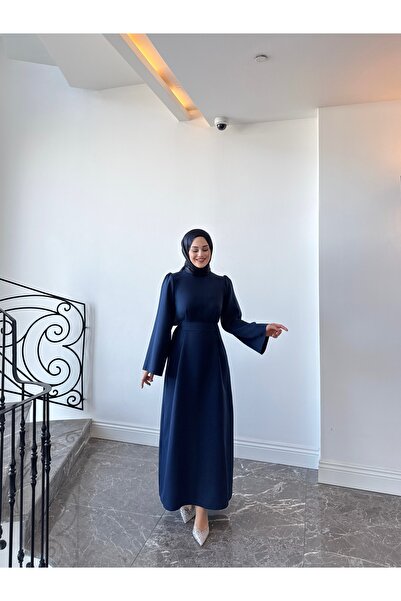 By Atelier Ali̇sa Women's Navy Blue Long A-Line Modern Dress with Beltevening...