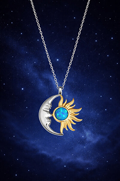 KAR DİAMOND Ay Güneş Kolye 925 Ayar Gümüş Altın Kaplama Opal Taşlı Kadın Koly...