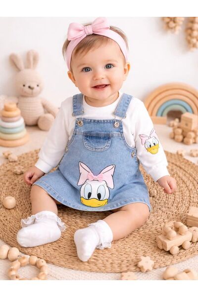 cacobutik kız bebek daisy duck body kot jile elbise takım