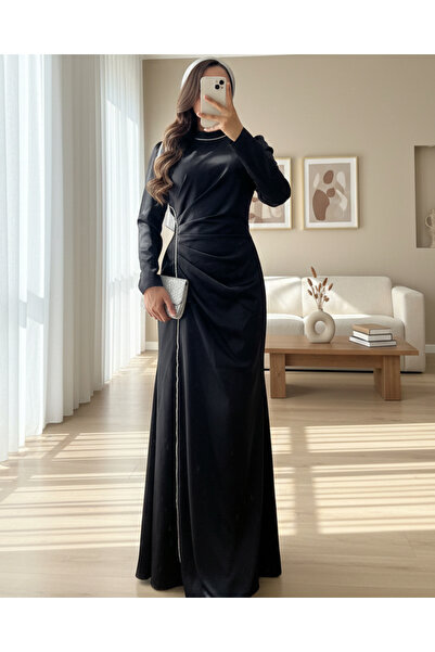 MissRunin Taş Şeritli Beli Drapeli Saten Abiye