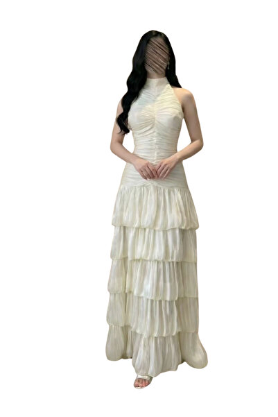 TREN Women's Halterneck Evening Gown Sleeveless Formal Maxi Dress with Ruffle...