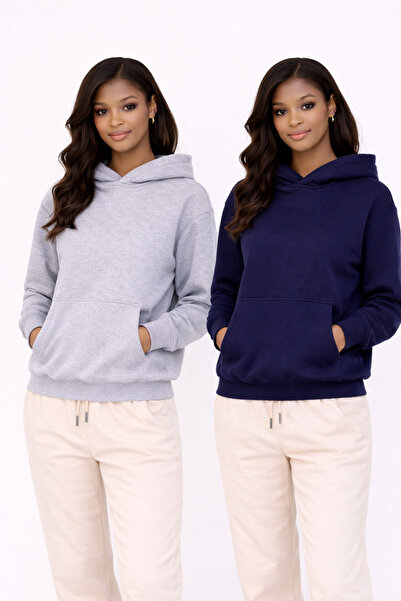 NAKRUF Women's Gray-Navy Blue Oversize Hooded Sweatshirt Set of 2 with Kangar...
