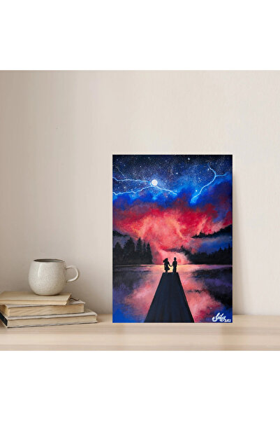 Romantik Çift ve Göl Manzarası Akrilik Tablo 25x35 cm | Soyut Gökyüzü Temalı El Yapımı Duvar Tablosu