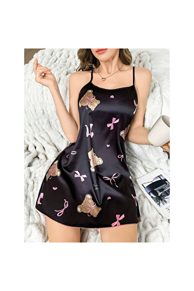 Narnuga Black Thin Strap Teddy Bear Patterned Satin Mini Nightdress