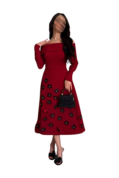 TREN Long Sleeve A-Line Dress with Laser Cut Flowers Burgundy Dark Blue Forma...