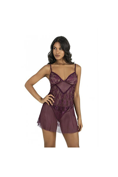 Narnuga قميص نوم قصير من التول المطرز بالدانتيل بلون البرقوق