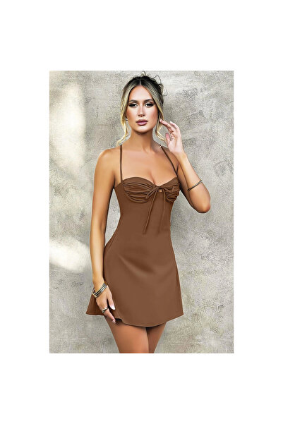 Narnuga Special Design Thin Straps Backless Brown Mini Satin Nightgown
