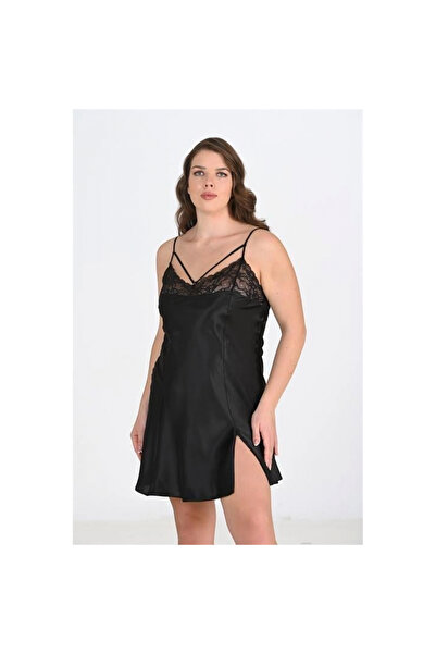 Narnuga Premium Plus Size Satin Lace Embroidered Black Nightgown Bigsize
