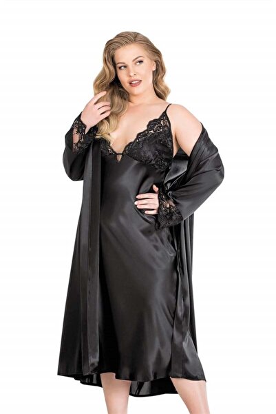 Aria's Closet Plus Size Black Long Double Satin Dressing Gown Nightgown Set