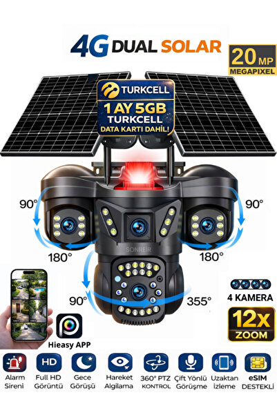SONREİR AUREX ONE 4 Kameralı 4G Sim Kartlı Solar Güvenlik Kamerası 2 Güneş Pa...