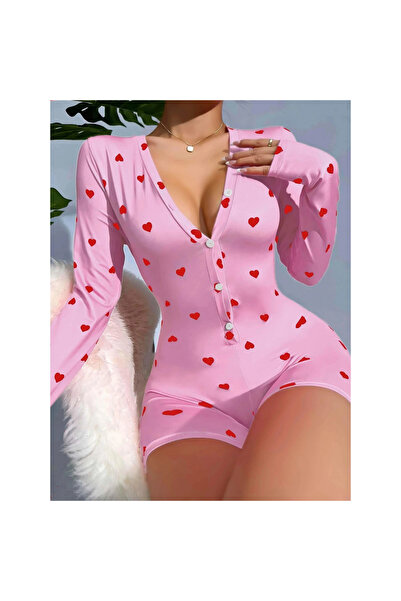 Narnuga Cotton Pink Heart Patterned Buttoned Jumpsuit Pajamas