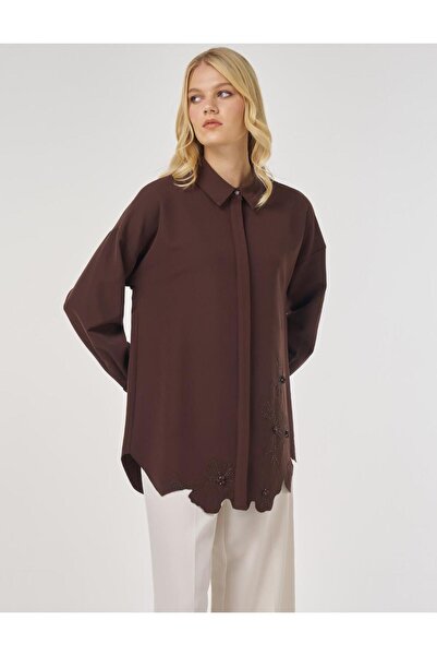 Kayra Appliqued Stylish Tunic Dark Brown