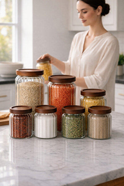 Paşabahçe 7'li Akasya Vakum Kapaklı Cam Kavanoz Seti -Baharat/ Bakliyat/Erzak...
