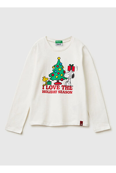 United Colors of Benetton Детска тениска за момичета в цвят екрю с принт на B...