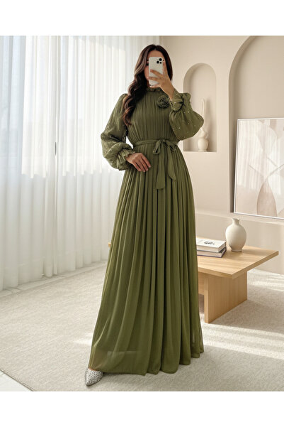 MissRunin Kolu Lastikli Gül Broşlu Kemerli Janjan Şifon Abiye