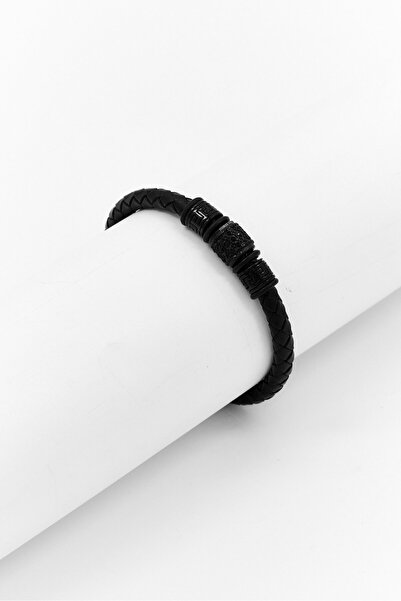 Steeltime Men Braided Leather Simulated Diamonds Accents Bracelet, Black