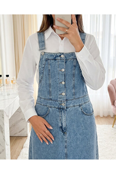 MissRunin Yarım Düğmeli Cepli Kot Salopet