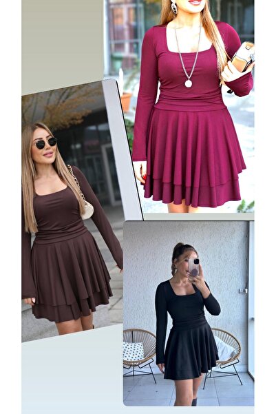 nefes butik Mürdüm Kare Yaka Kat Kat Etekli Şık Elbise