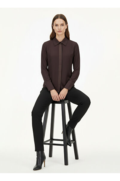 Sisley Normal Gömlek Yaka Düz Koyu Kahve Kadın Gömlek 5SLFLQ0A0