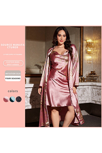 Generic Luxury Silk Blend Pyjamas 4-Piece Set with Robe, Nightdress, Top, Sho...