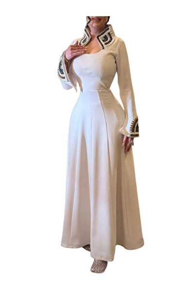 TREN Luxurious Pearl Embellished High Neck Maxi Gown Long Sleeve Fit Flare Co...