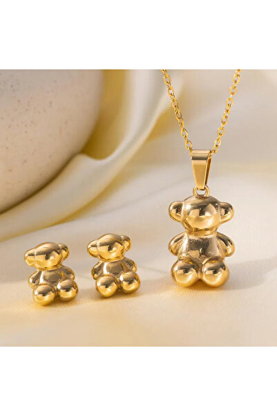 Choice Gold UILZ Anime Style Cute Bear Earrings Necklace Set For Women High Q...