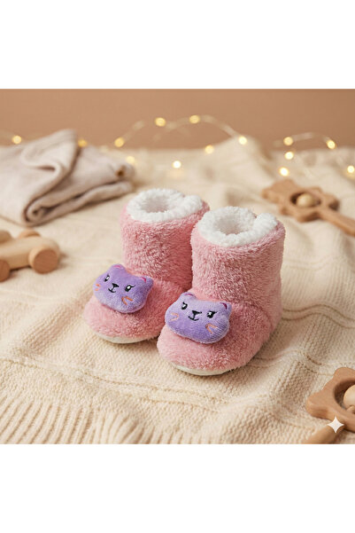 CloudStone Kız Bebek Pembe Lila Kedi Figürlü 9-12 Ay Kaydırmaz Tabanlı İçi Kü...